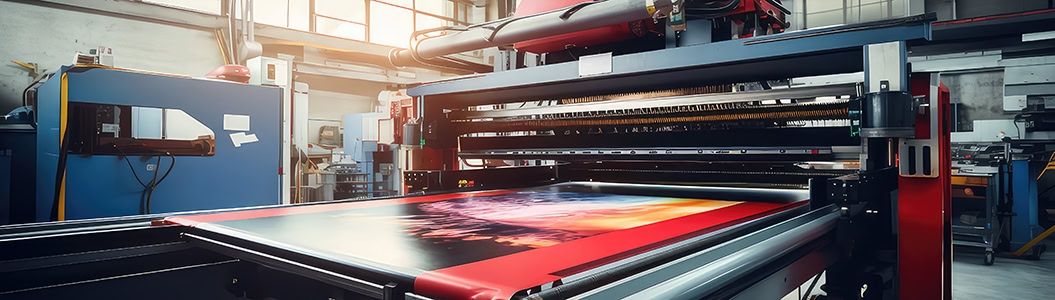 Großdruckmaschine druckt farbenfrohes Bild in industrieller Umgebung mit hellem Tageslicht.